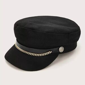 Chain Decor Baker Boy Hat Conductor Fisherman Women's Black Gold One Size Cap
